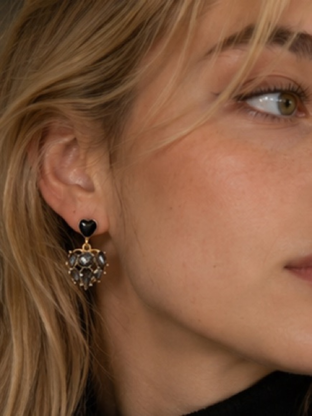 Smoky Charcoal Crystal Black Heart Enamel Heart Drop Earrings